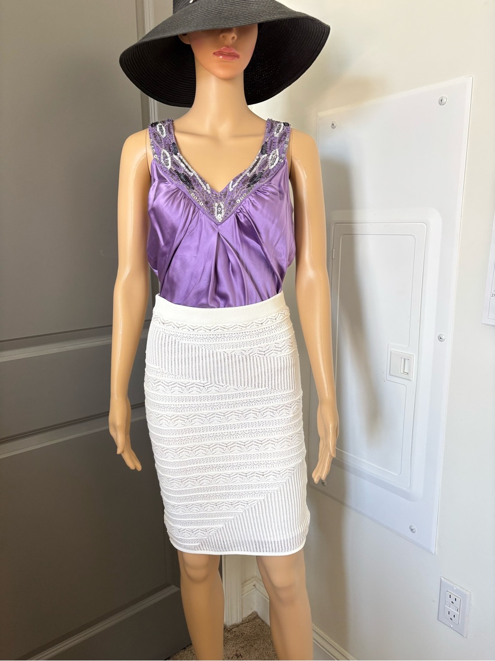 RACHEL Rachel Roy White Lace Knit Textured Pencil Skirt stretched size S